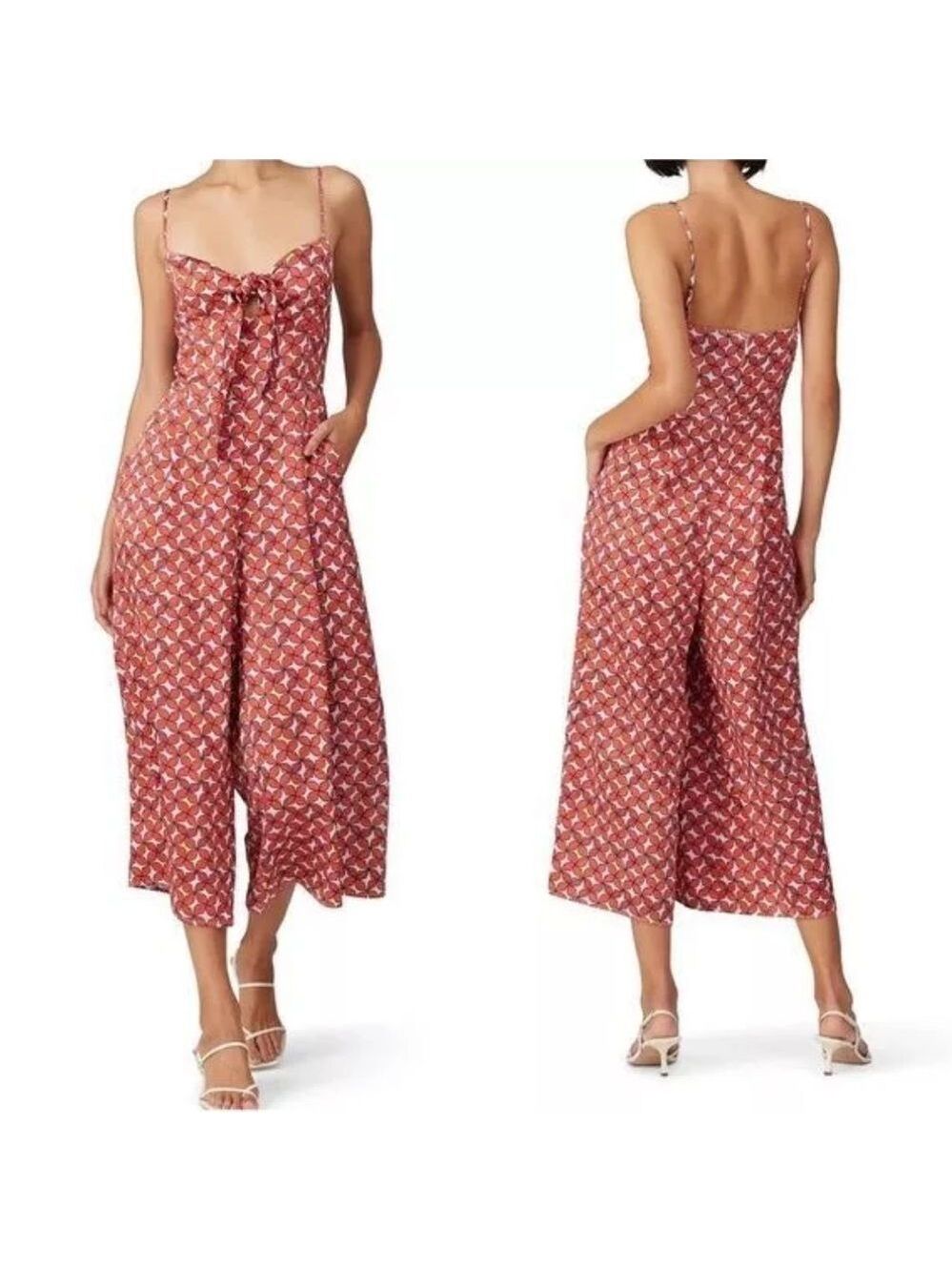 Haney Wide Leg Crop Silk-Like Bea Jumpsuit with Pockets in Coral Retro Floral 4